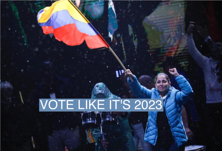 Ecuadorean presidential candidate Luisa Gonzalez waves Ecuador’s flag during a campaign rally, in Quito