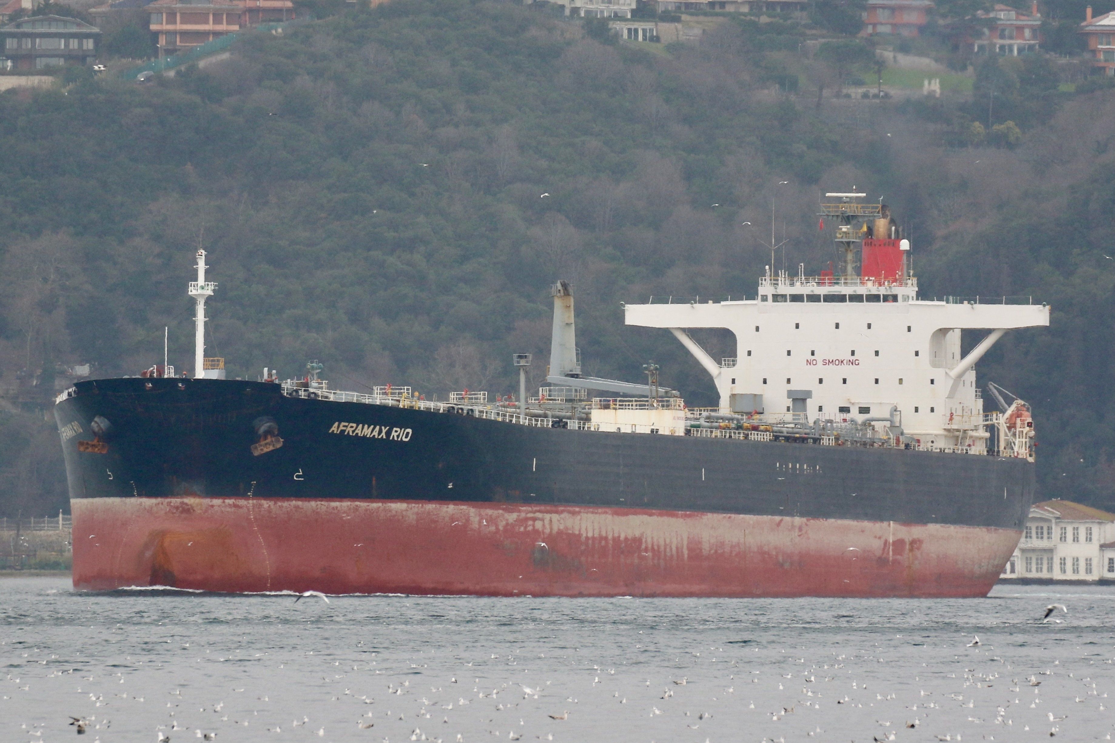 Aframax Rio, a Liberian-flagged tanker, transits the Bosphorus in Istanbul, Turkey