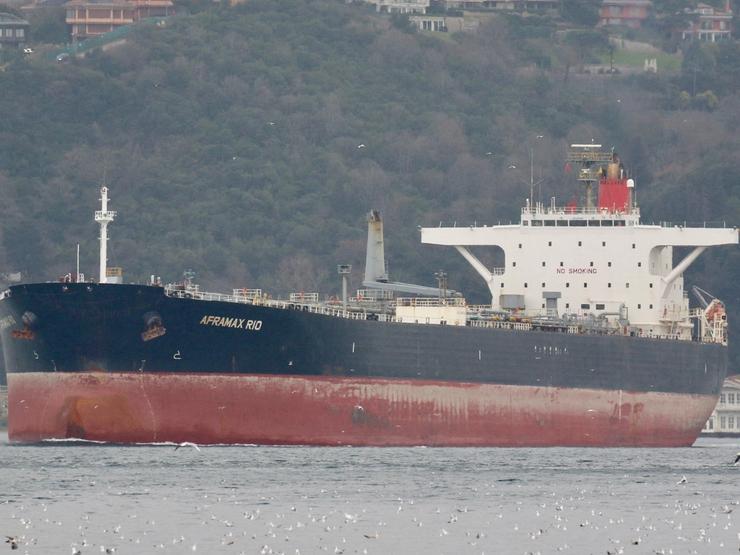 Aframax Rio, a Liberian-flagged tanker, transits the Bosphorus in Istanbul, Turkey