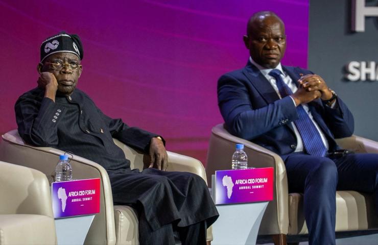 Nigeria’s President Bola Tinubu and Gabon’s President Brice Oligui Nguema at the Africa CEO Forum in Kigali.