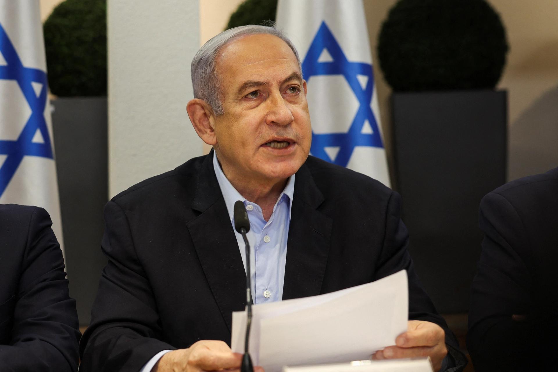 Israeli Prime Minister Benjamin Netanyahu speaks during the weekly cabinet meeting at the Defence Ministry in Tel Aviv, Israel, January 7, 2024. 