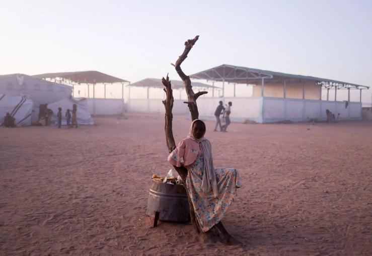 A Sudanese refugee rests next to a burnt tree in the middle of the Tine transit camp.