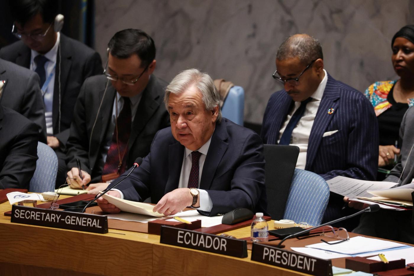United Nations Secretary-General Antonio Guterres speaks during a United Nations Security Council meeting.