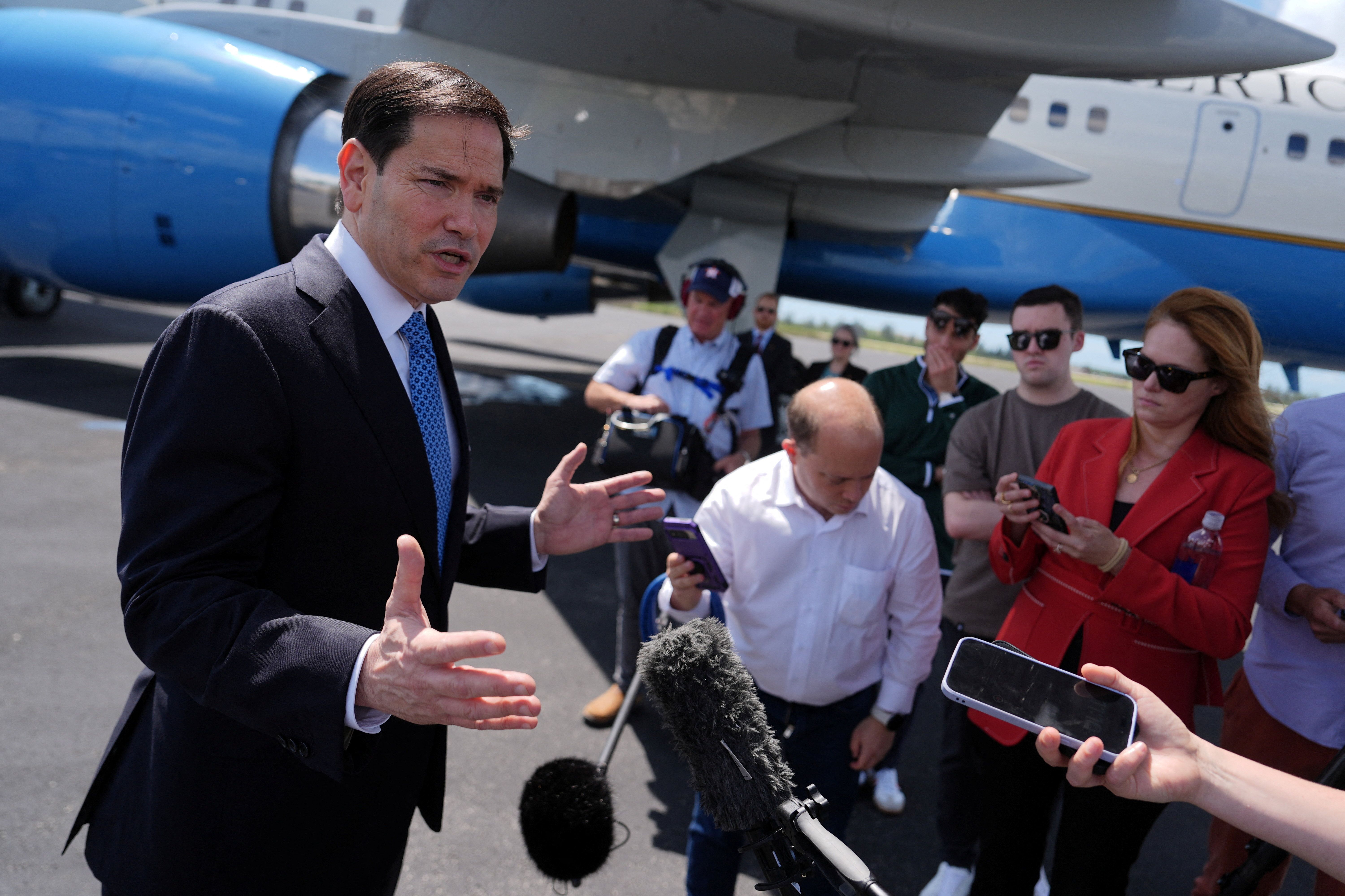 Secretary of State Marco Rubio speaks to the press