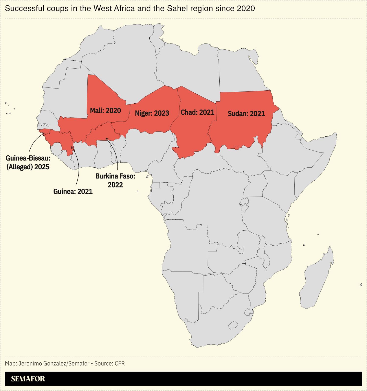 A map showing successful coups in Africa.  
