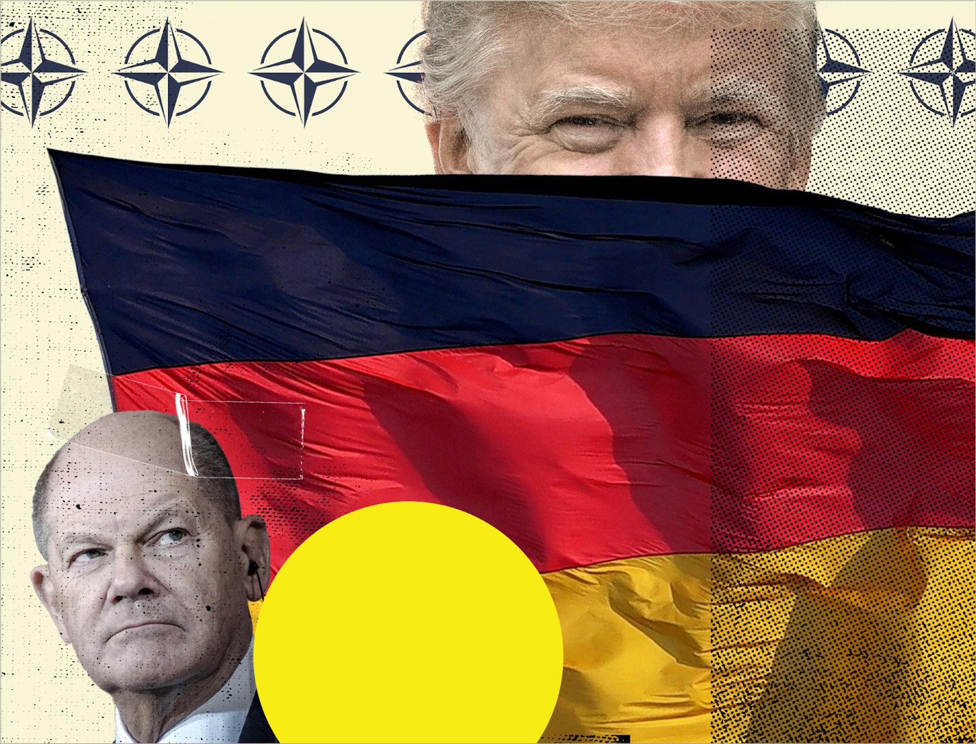 An illustration showing Republican candidate Donald Trump and German Chancellor Olaf Scholz