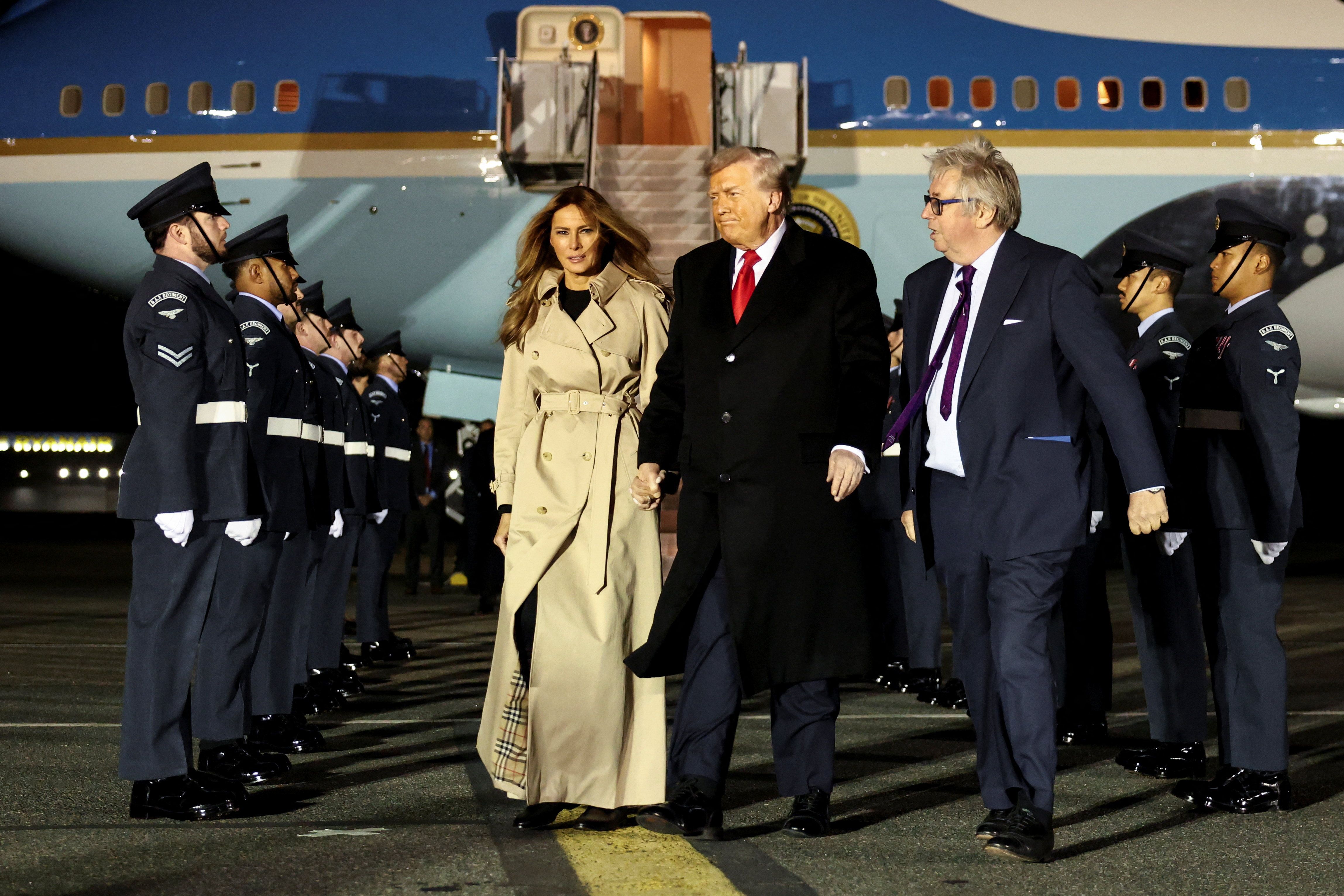 US President Donald Trump and first lady Melania Trump arrive at London’s Stansted airport.