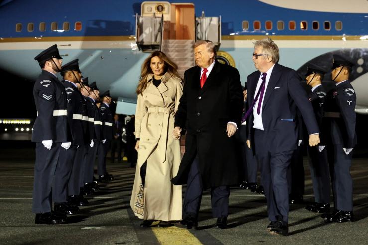 US President Donald Trump and first lady Melania Trump arrive at London’s Stansted airport.