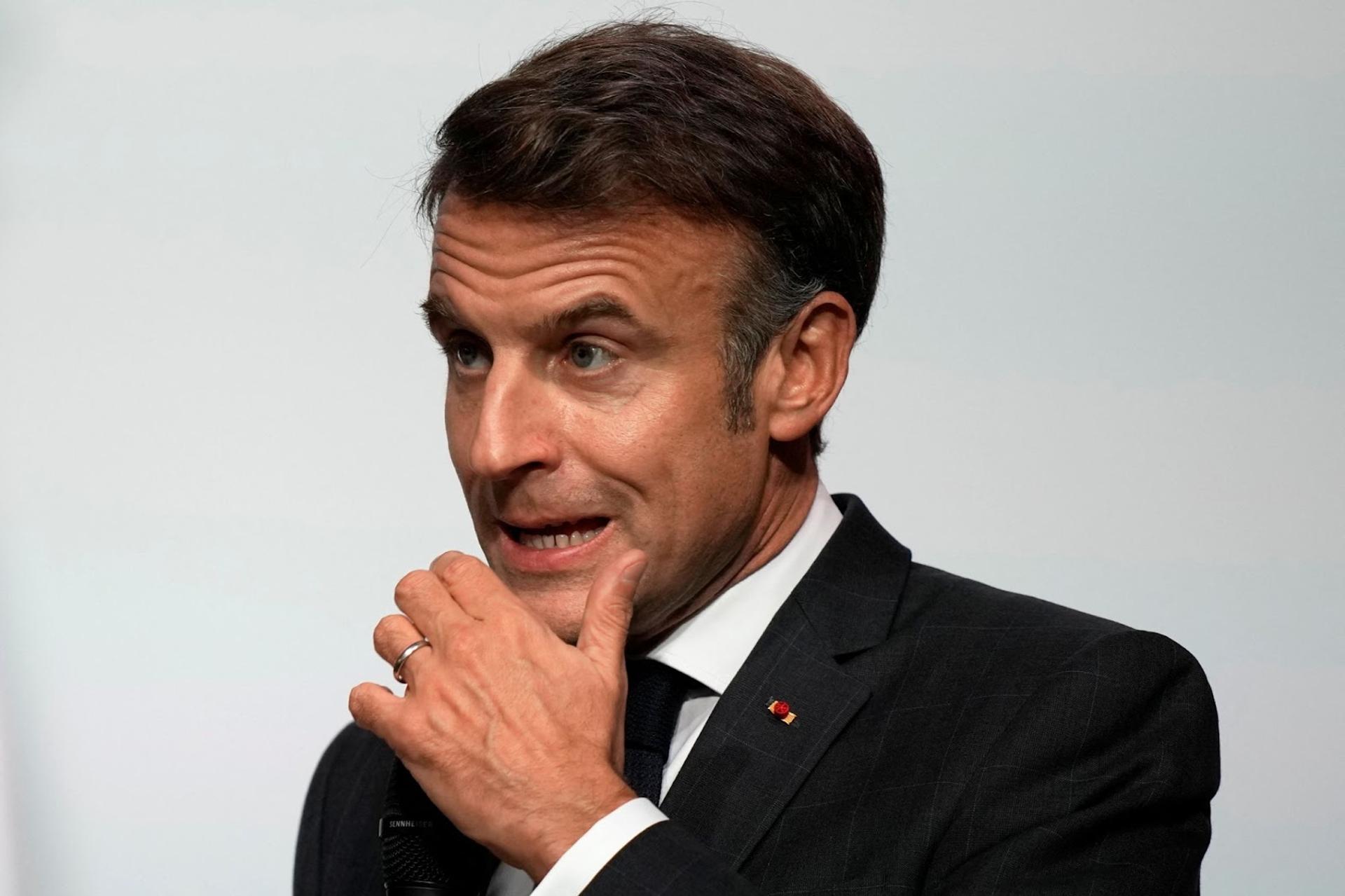 French President Emmanuel Macron delivers a speech at the Elysee Palace in Paris. 