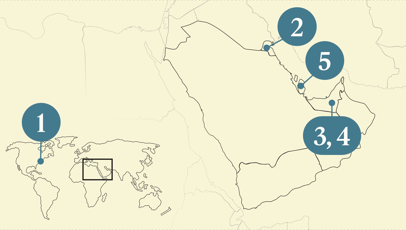 A numbered map of the Gulf region.