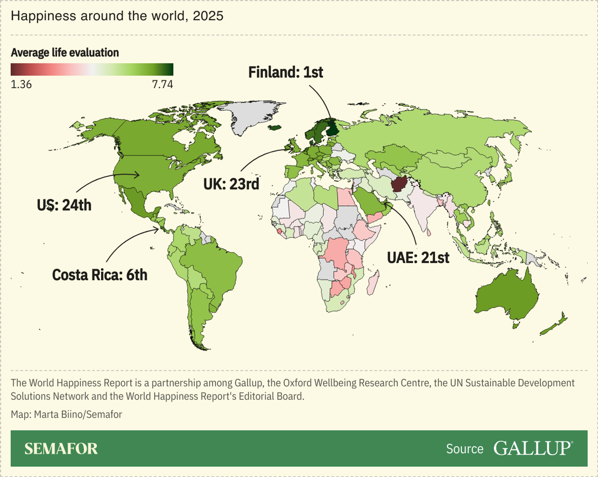 A map of the world showing a ranking of the world’s happiest countries for 2025.