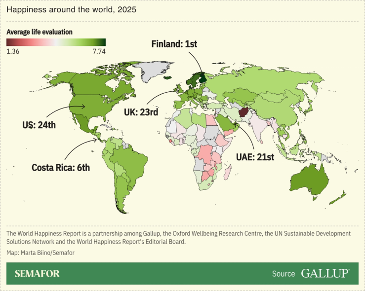 A map of the world showing a ranking of the world’s happiest countries for 2025.