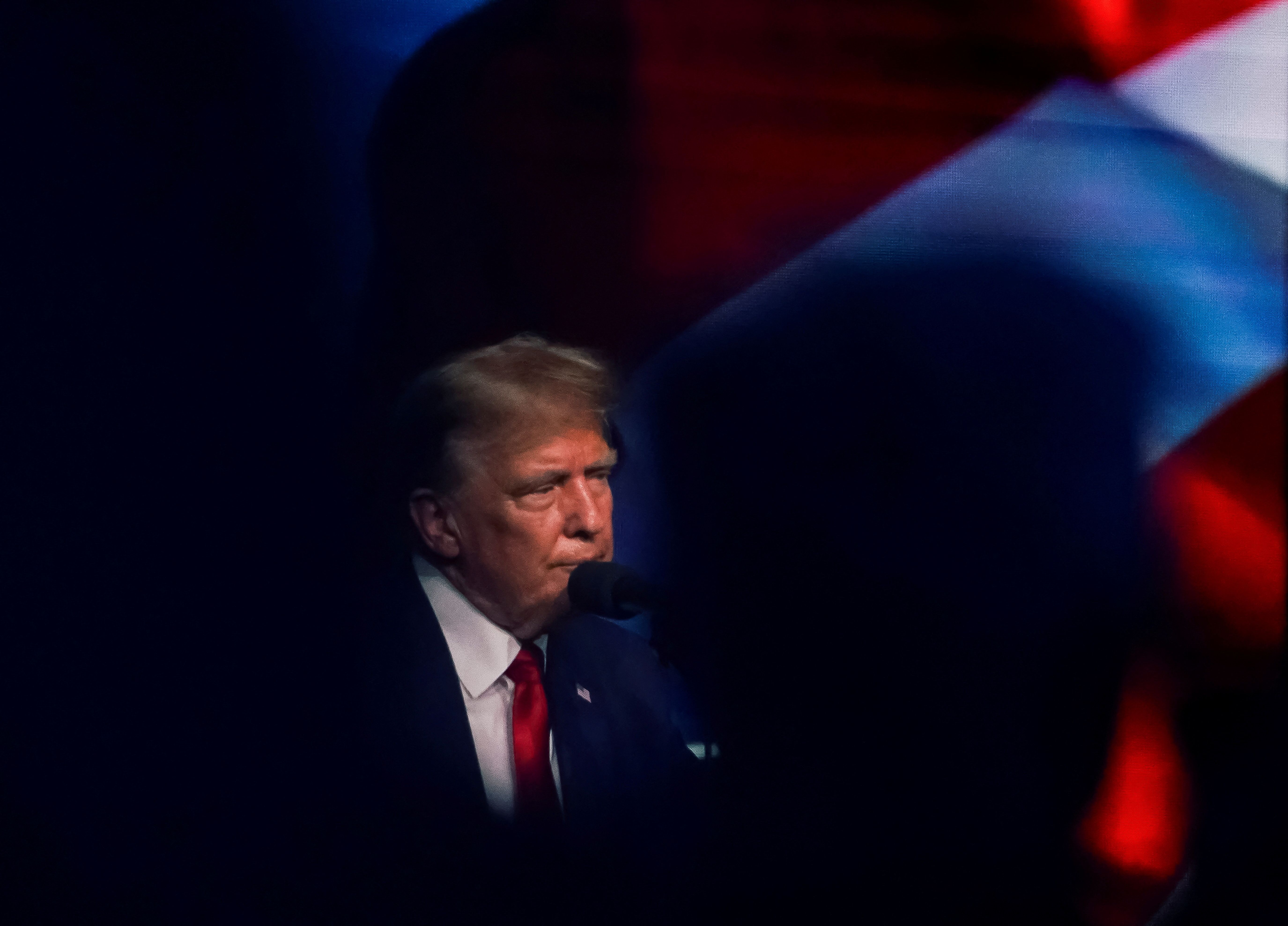 Former U.S. President and Republican presidential candidate Donald Trump looks on during the 2024 National Religious Broadcasters Association International Christian Media Convention, as part of the NRB Presidential Forum in Nashville, Tenn., on Feb. 22, 2024. 