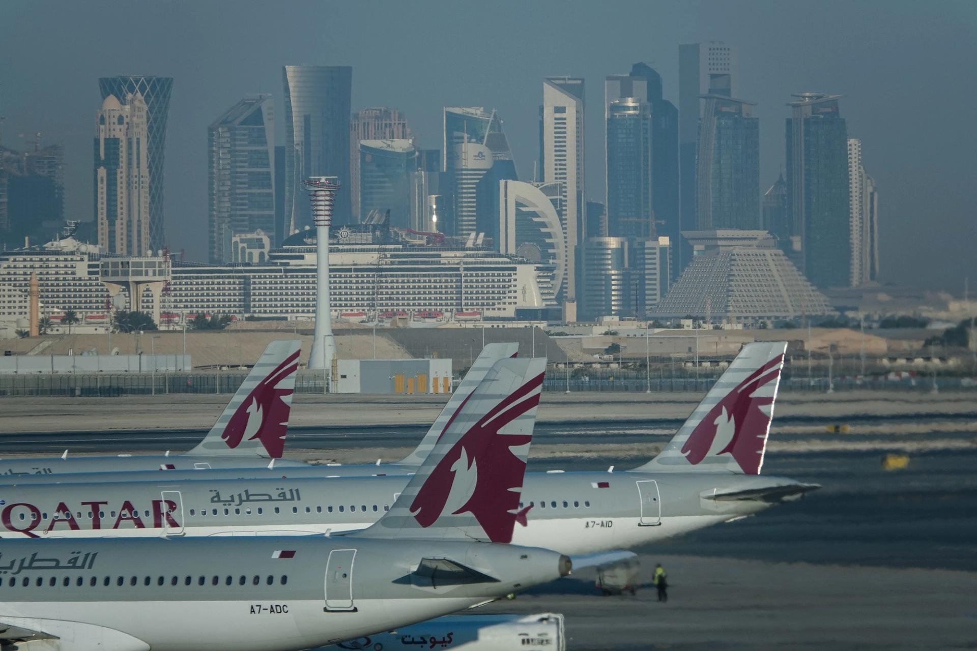 A view of Doha airport in 2020, with the city’s skyline in the background.