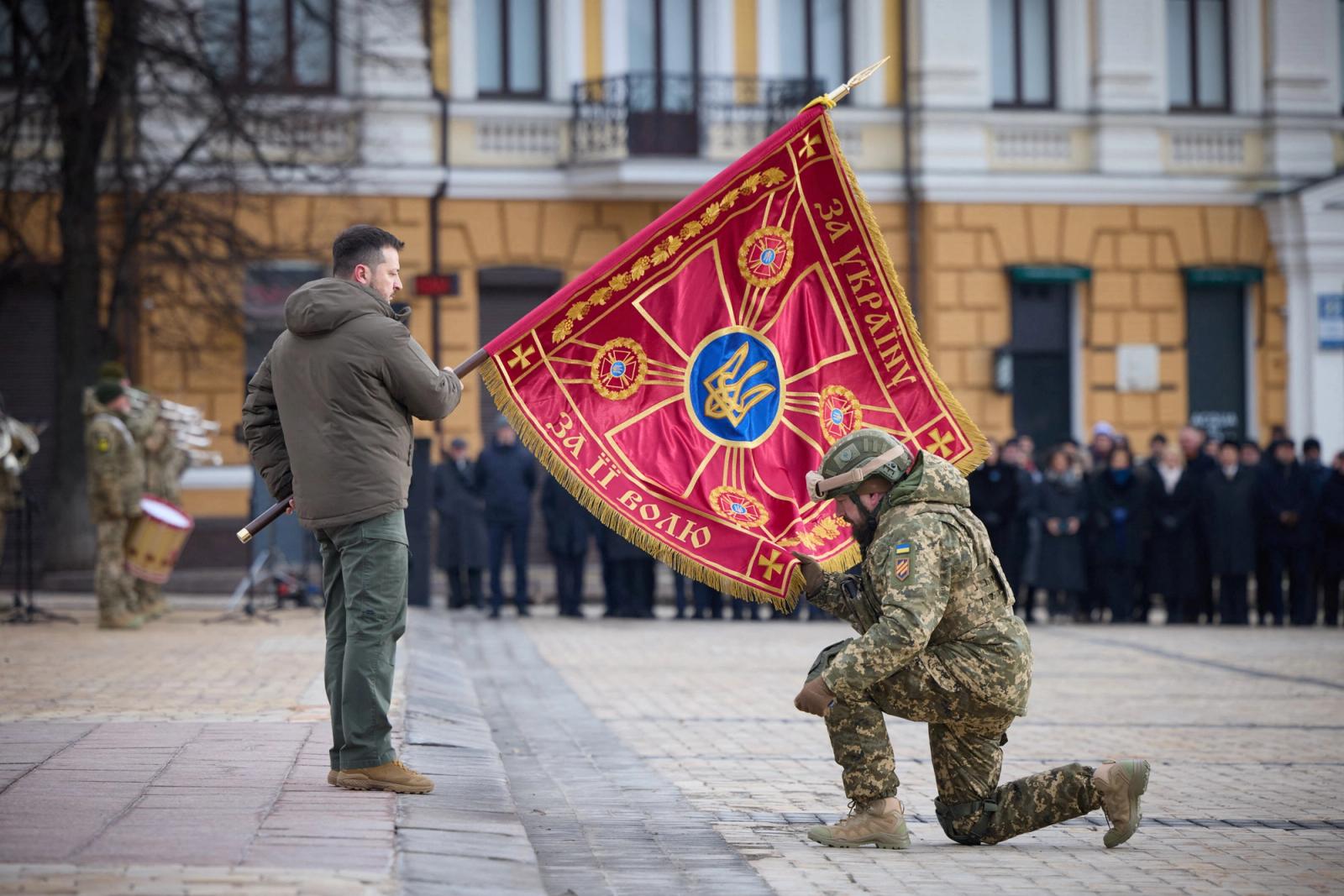 Ukraine's President Volodymyr Zelenskiy awards a Ukrainian service member during a ceremony dedicated to the first anniversary of the Russian invasion of Ukraine, amid Russia's attack on Ukraine, in Kyiv, Ukraine February 24, 2023. Ukrainian Presidential Press Service/Handout via REUTERS