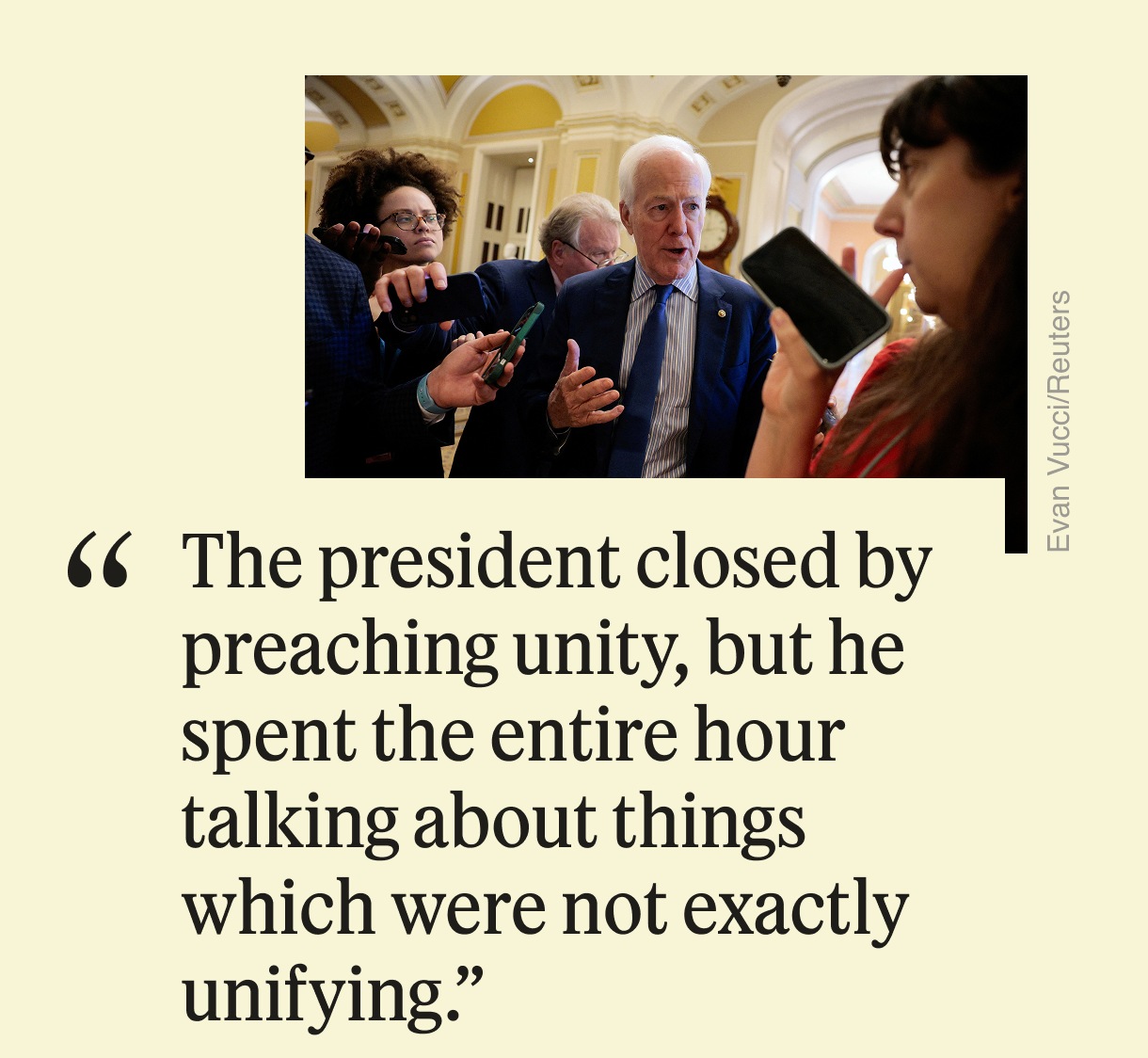 “The president closed by preaching unity, but he spent the entire hour talking about things which were not exactly unifying”