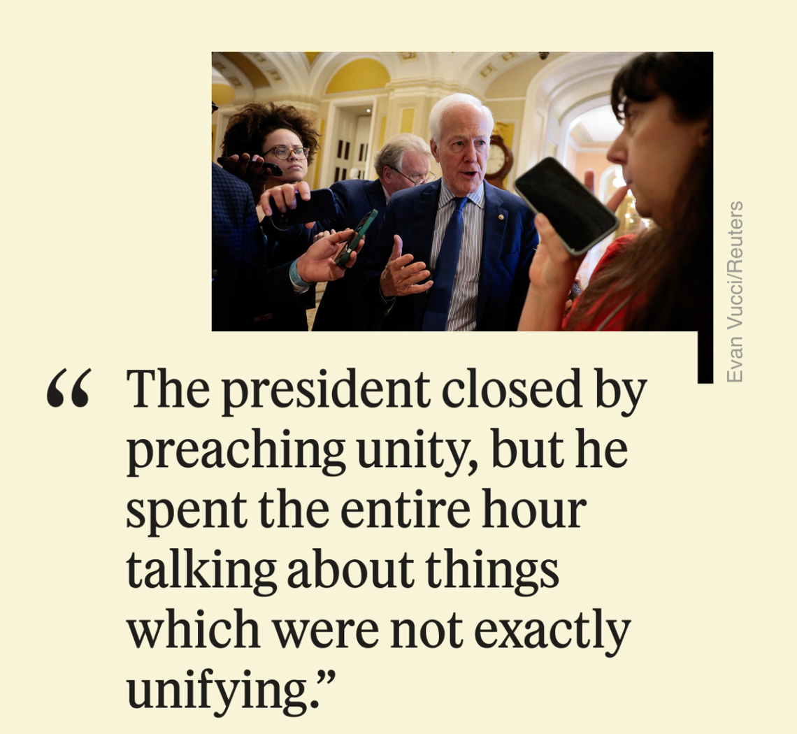 “The president closed by preaching unity, but he spent the entire hour talking about things which were not exactly unifying”