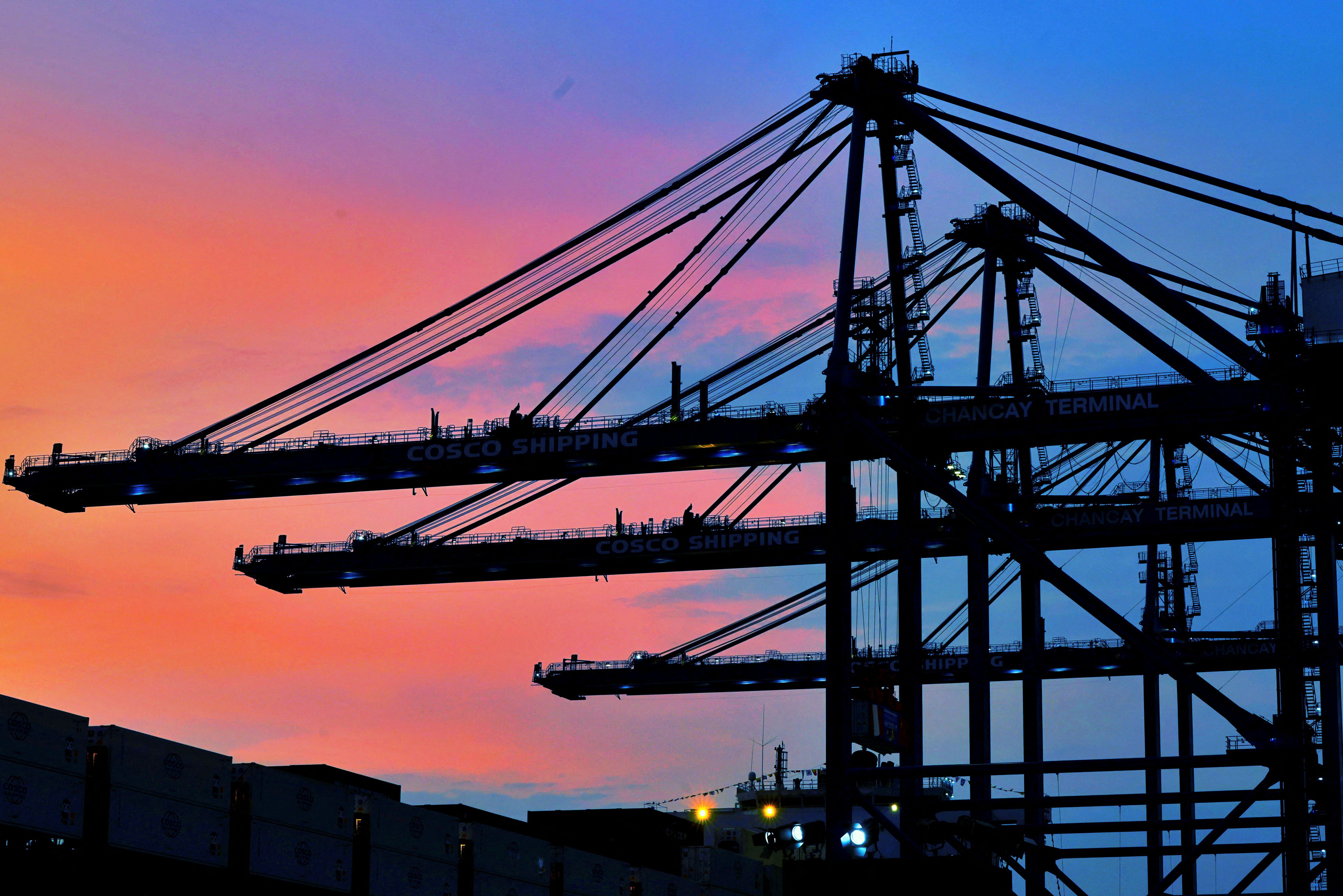 A view of cranes at China’s state-owned Cosco Shipping Chancay port inaugurated during the APEC Summit, in Chancay, Peru.