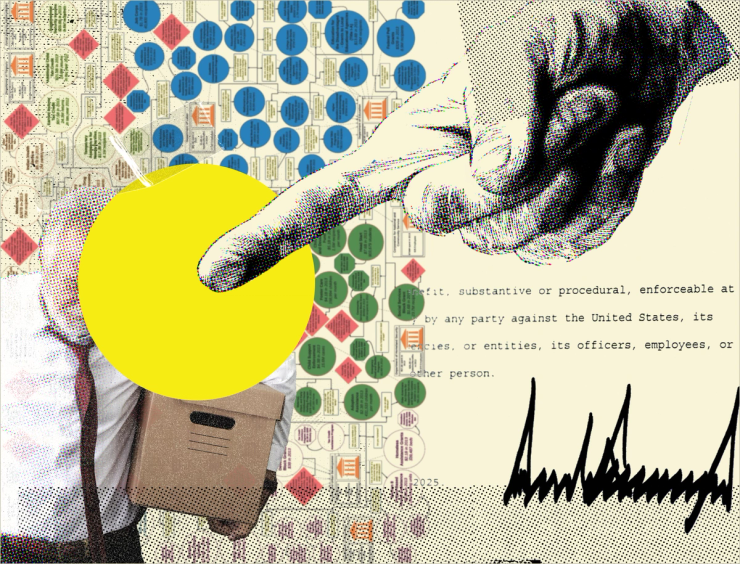 Illustration showing a person being fired in front of a flow chart and Donald Trump’s signature