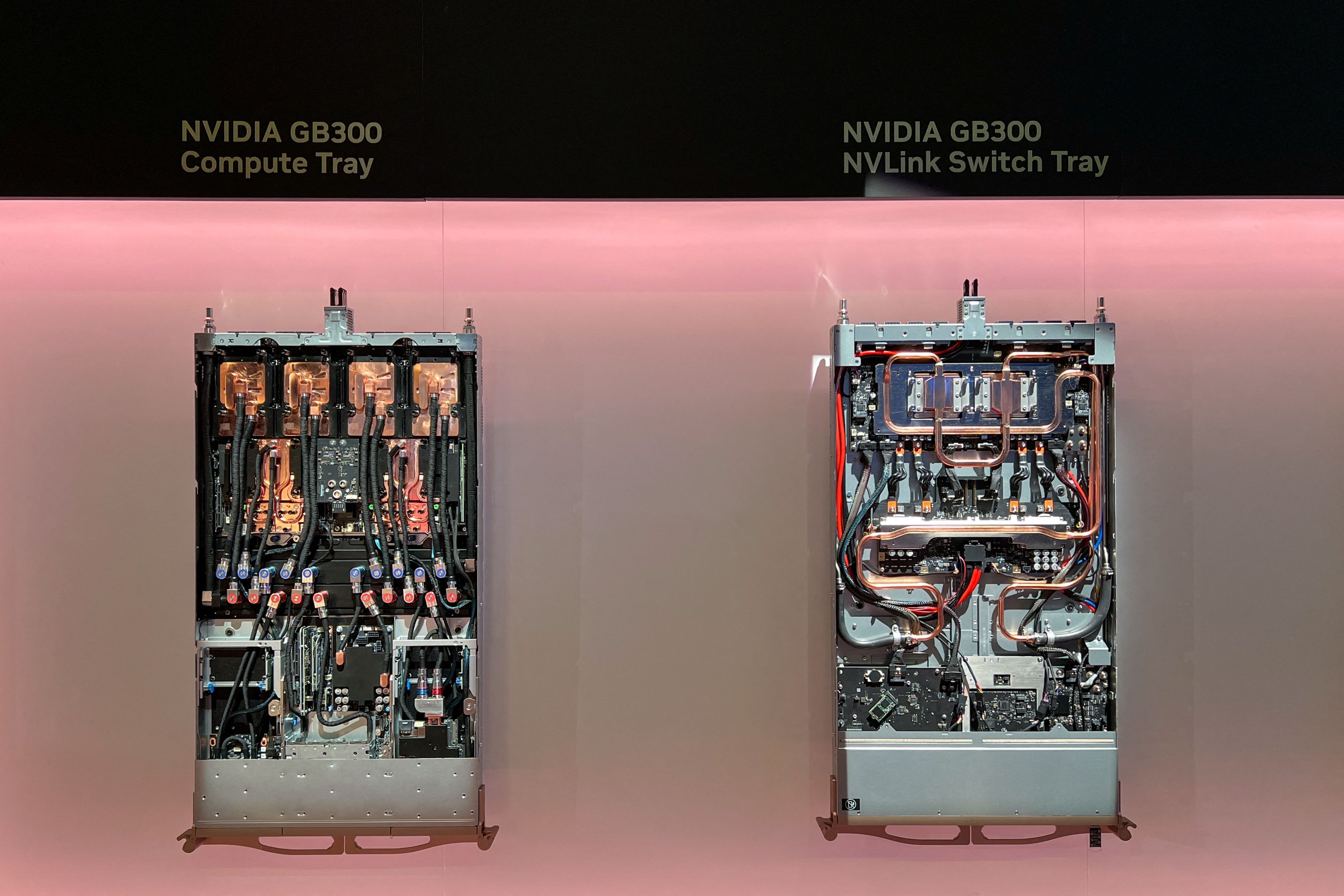 Data center servers and components containing the newest artificial intelligence chips from Nvidia are seen on display at the company’s GTC software developer conference in San Jose, California.