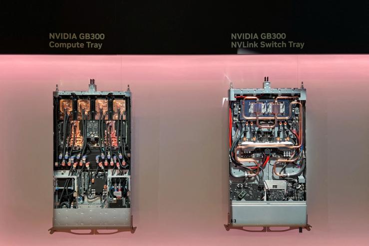 Data center servers and components containing the newest artificial intelligence chips from Nvidia are seen on display at the company’s GTC software developer conference in San Jose, California.
