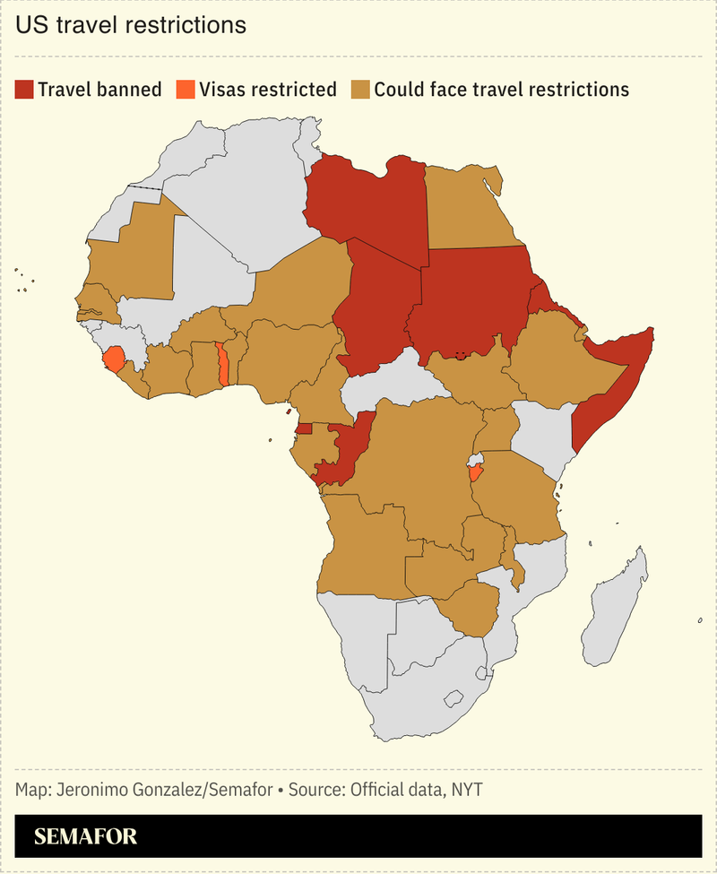 A map showing US travel restrictions on African countries