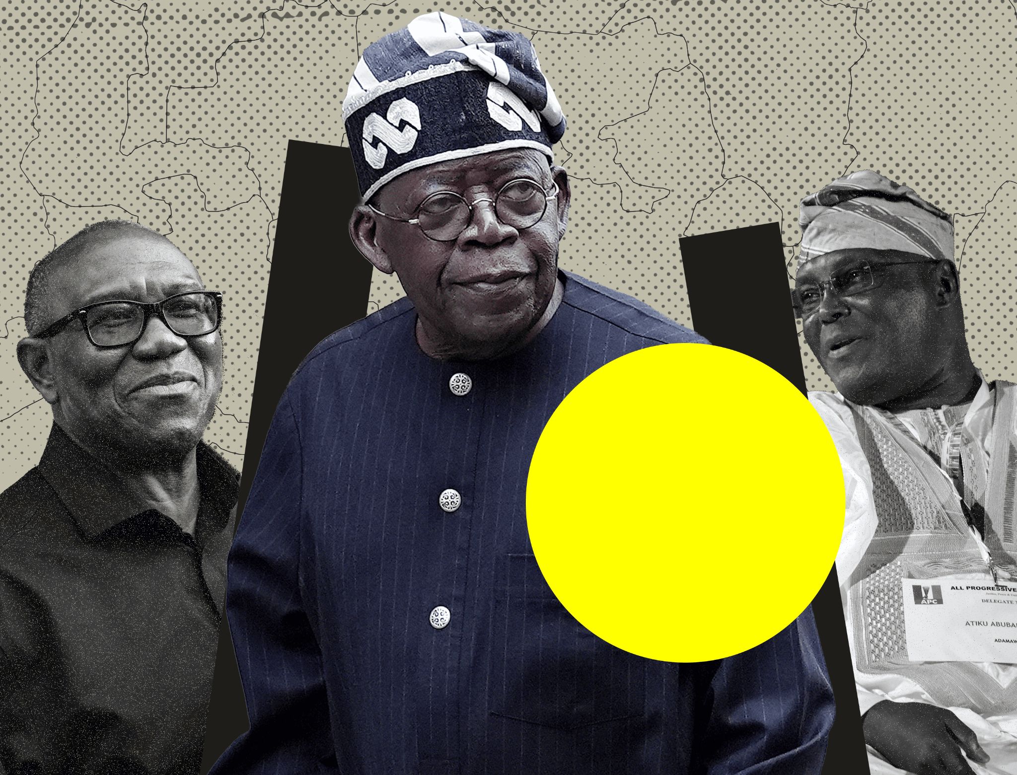 A composite image of Nigerian opposition figure Peter Obi (L), Nigerian President Bola Tinubu, and opposition figure Atiku Abubakar (R.)