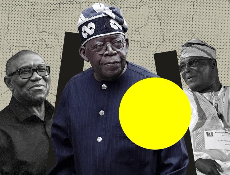 A composite image of Nigerian opposition figure Peter Obi (L), Nigerian President Bola Tinubu, and opposition figure Atiku Abubakar (R.)