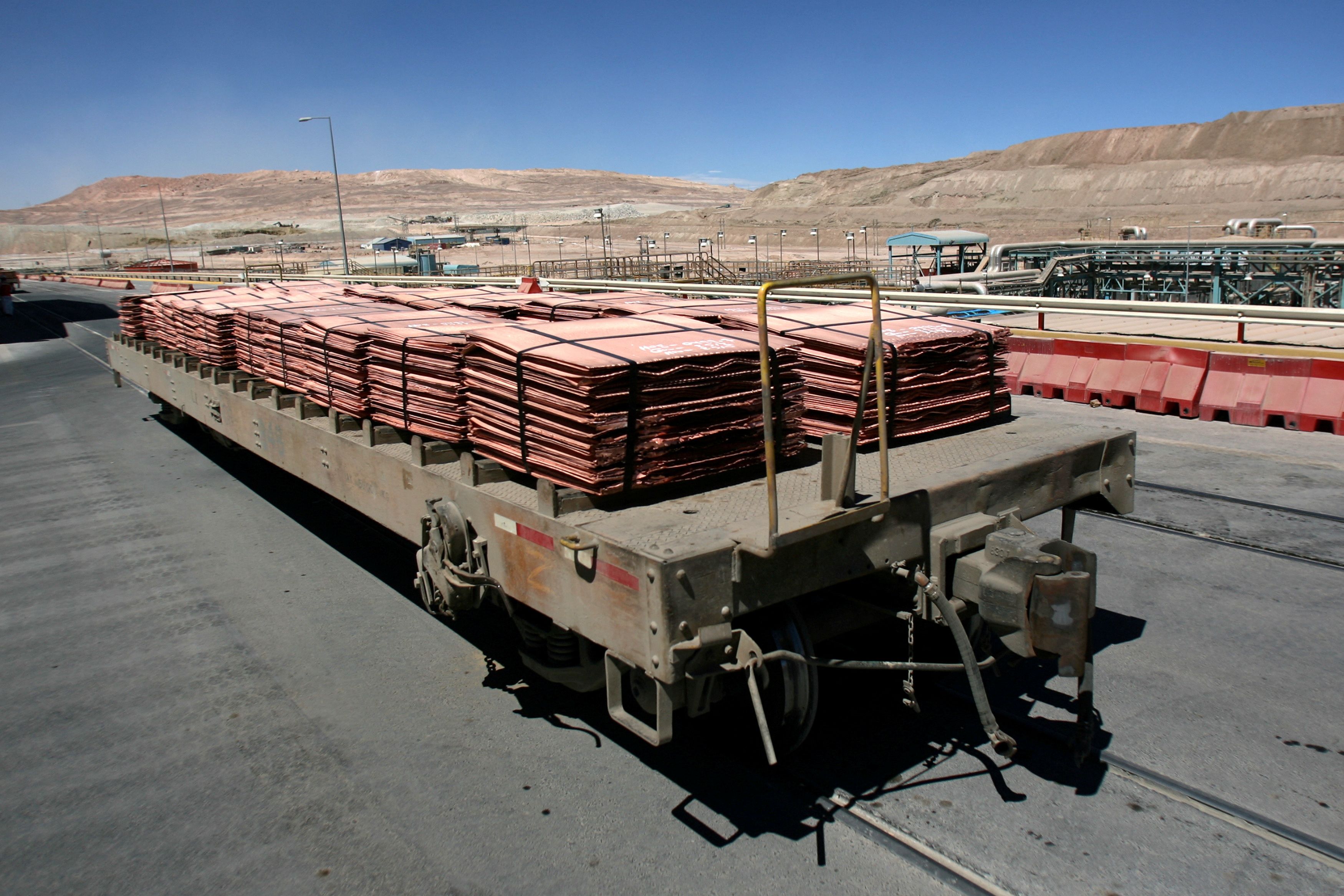 Sheets of copper cathode are pictured at BHP Billiton’s Escondida, in northern Chile.