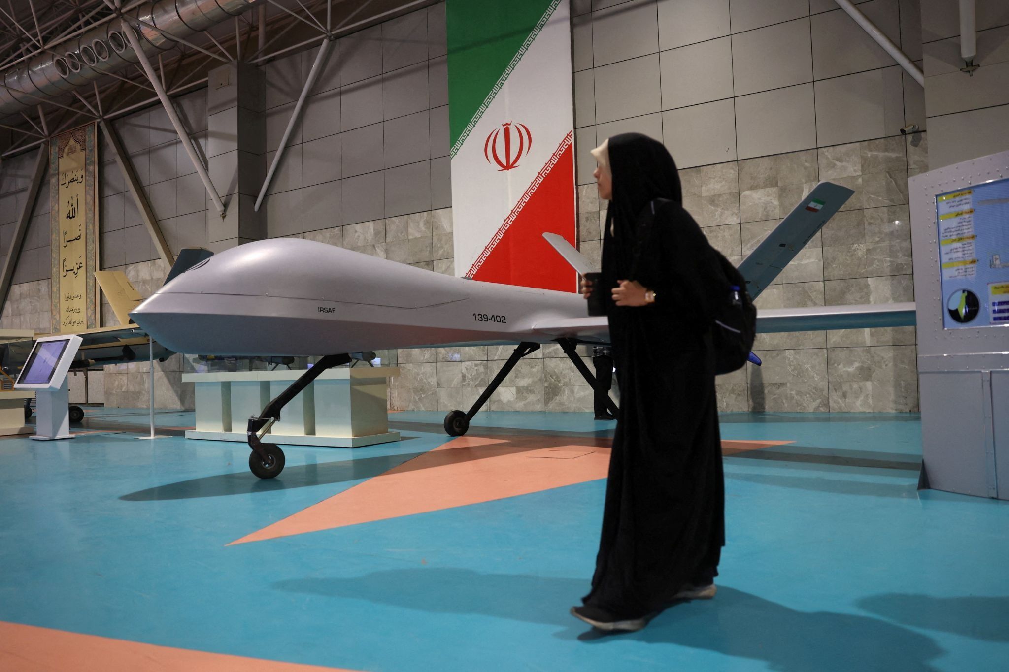 An Iranian drone is displayed at the Islamic Revolutionary Guard Corps (IRGC) Aerospace Force Museum in Tehran