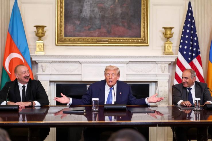 Armenia’s Prime Minister Nikol Pashinyan and Azerbaijan’s President Ilham Aliyev, with President Donald Trump