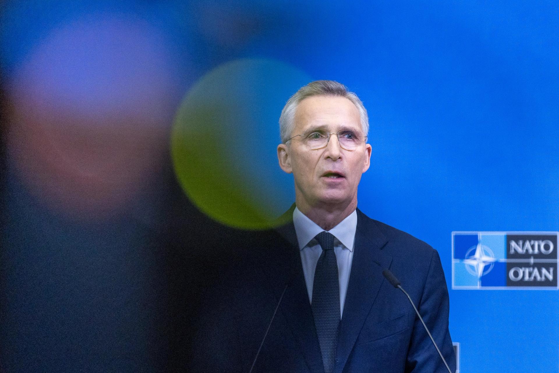 Secretary General Jens Stoltenberg holds a press conference at NATO headquarters during the first of two days of defence ministers' meetings on February 14, 2024 in Brussels, Belgium.
