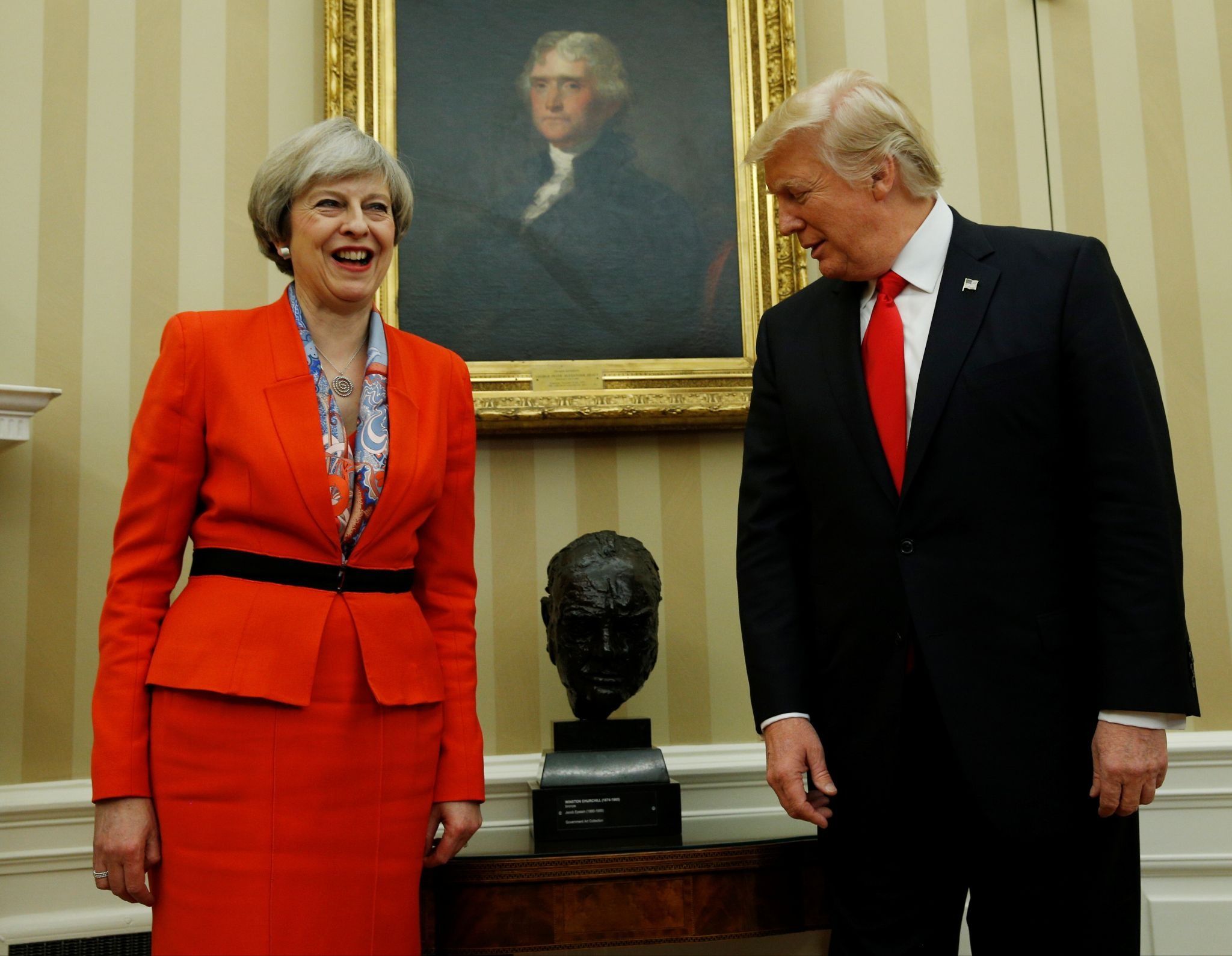Then-Prime Minister Theresa May and President Donald Trump with a statue of Winston Churchill in 2017