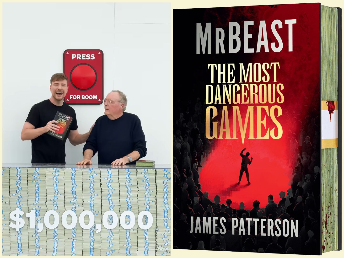 MrBeast book’s cover and Jimmy Donaldson and James Patterson 