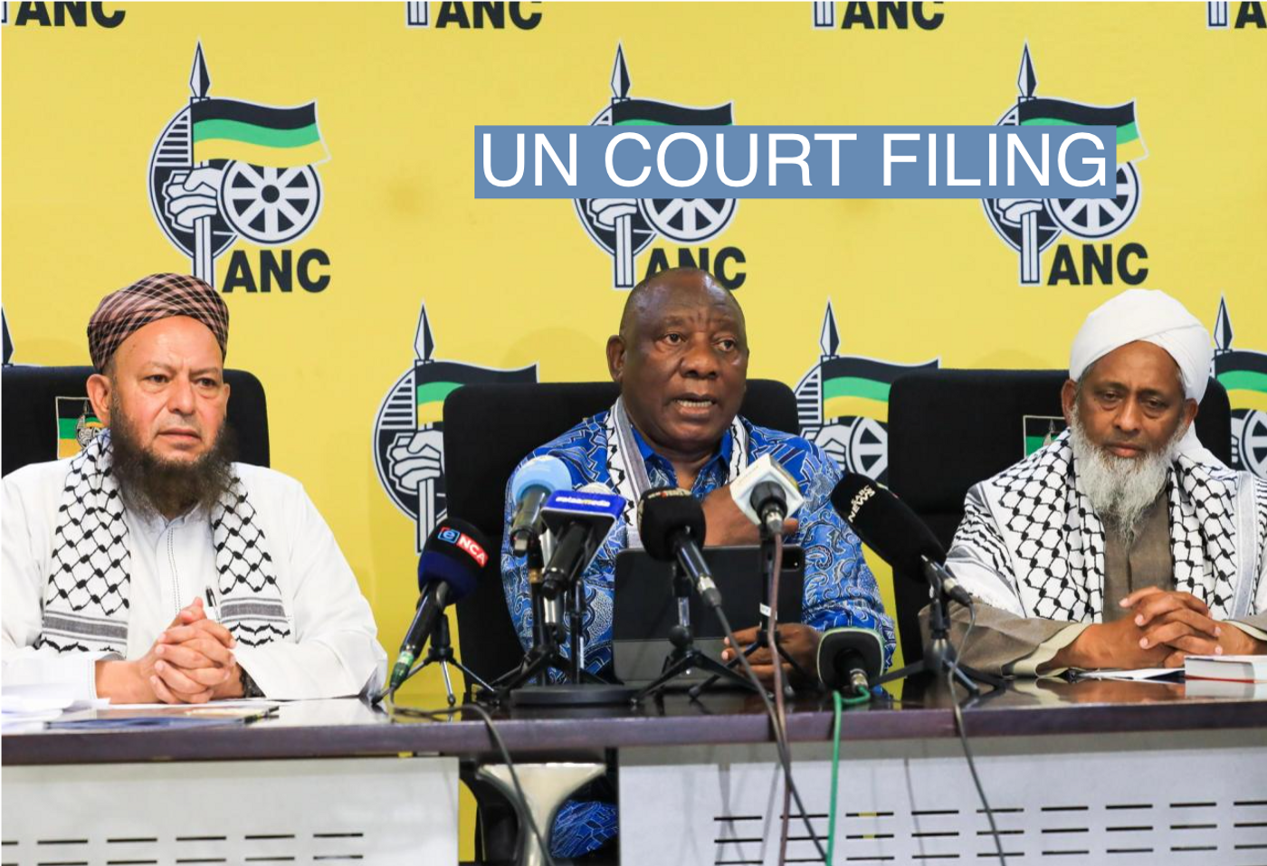 President Cyril Ramaphosa with the delegates of Organisations supporting the Liberation Of Palestine at Chief Albert Luthuli House on December 18, 2023 in Johannesburg, South Africa. The United Ulama Council and SA Friends Of Palestine are at the forefront of the struggle for the liberation of Palestine. 