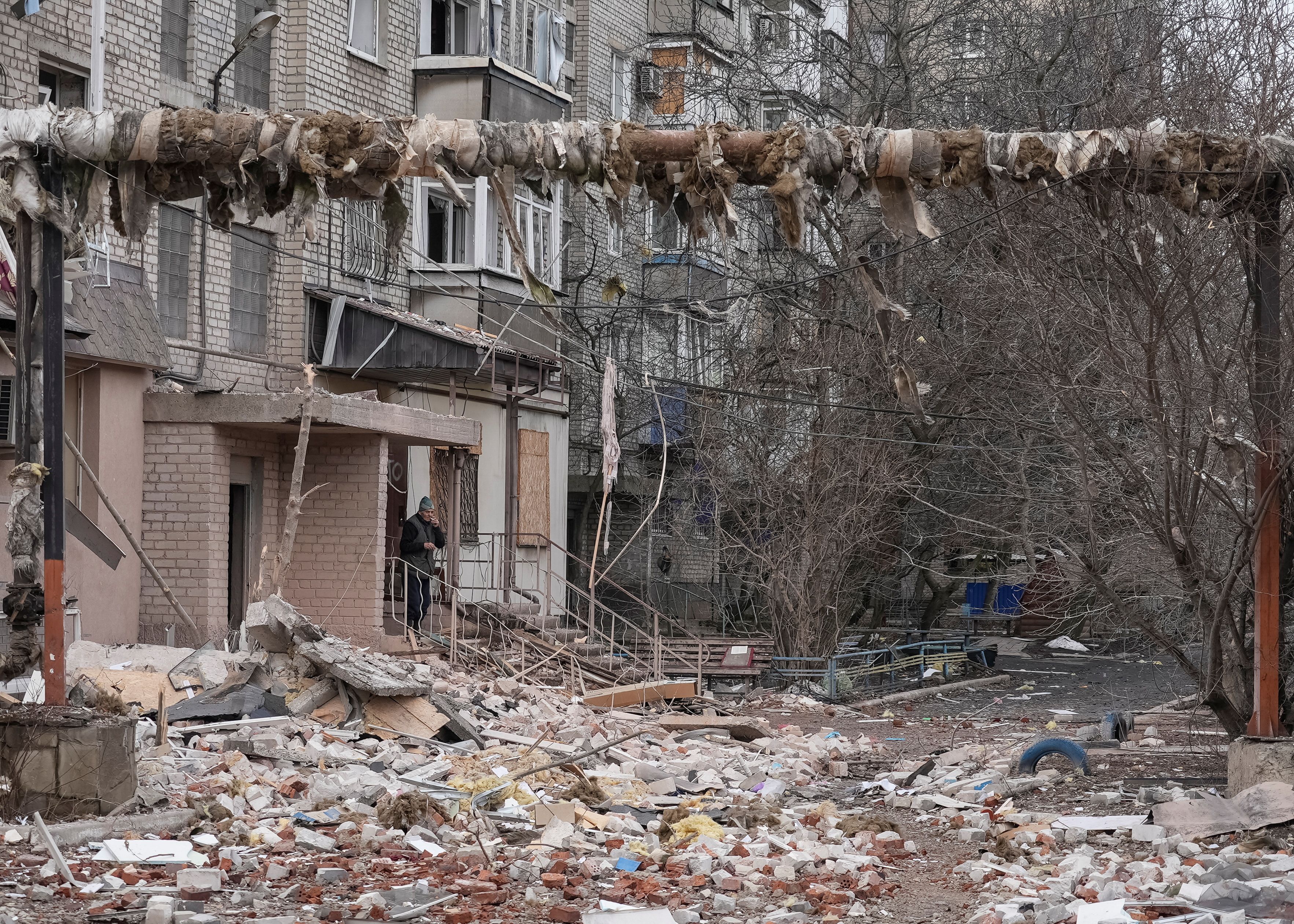 An apartment building damaged by Russian military strikes in the Donetsk region of Ukraine. 