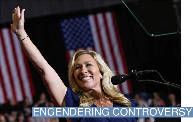 Marjorie Taylor Greene waves with American flags in the background