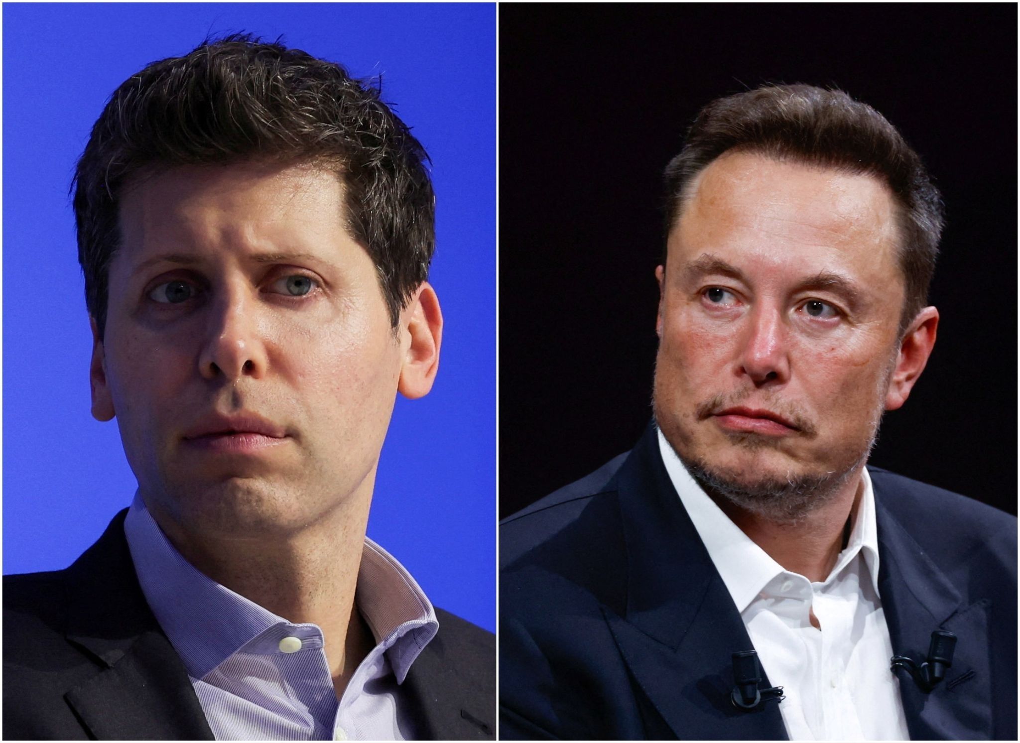Splitscreen of OpenAI CEO Sam Altman and SpaceX CEO Elon Musk