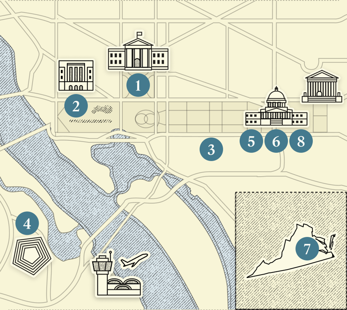 A numbered map of Washington, DC.