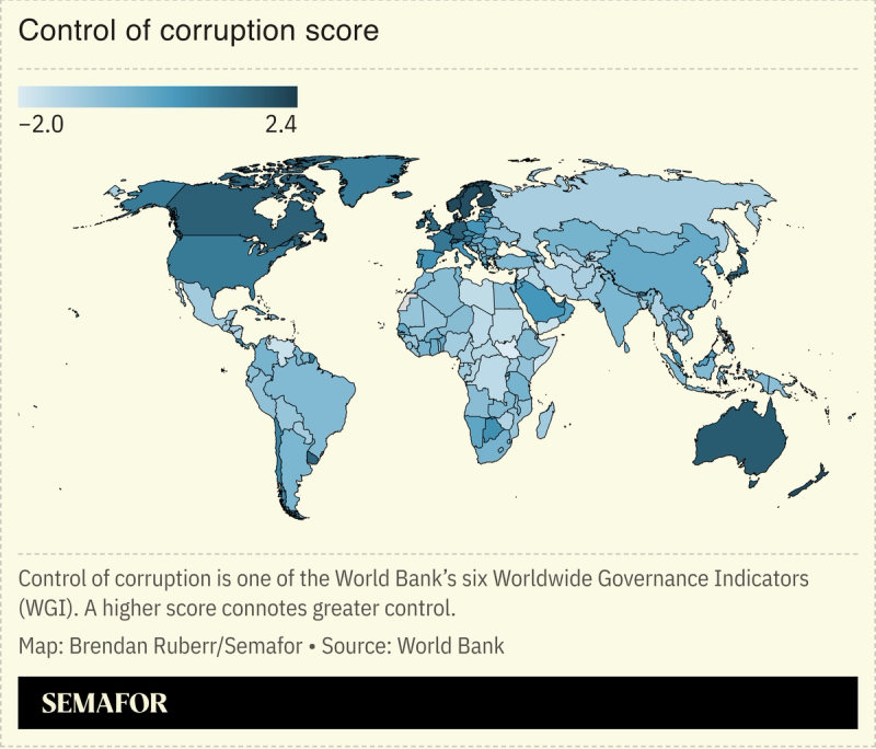 Semafor map graphic showing nations’ control of corruption score