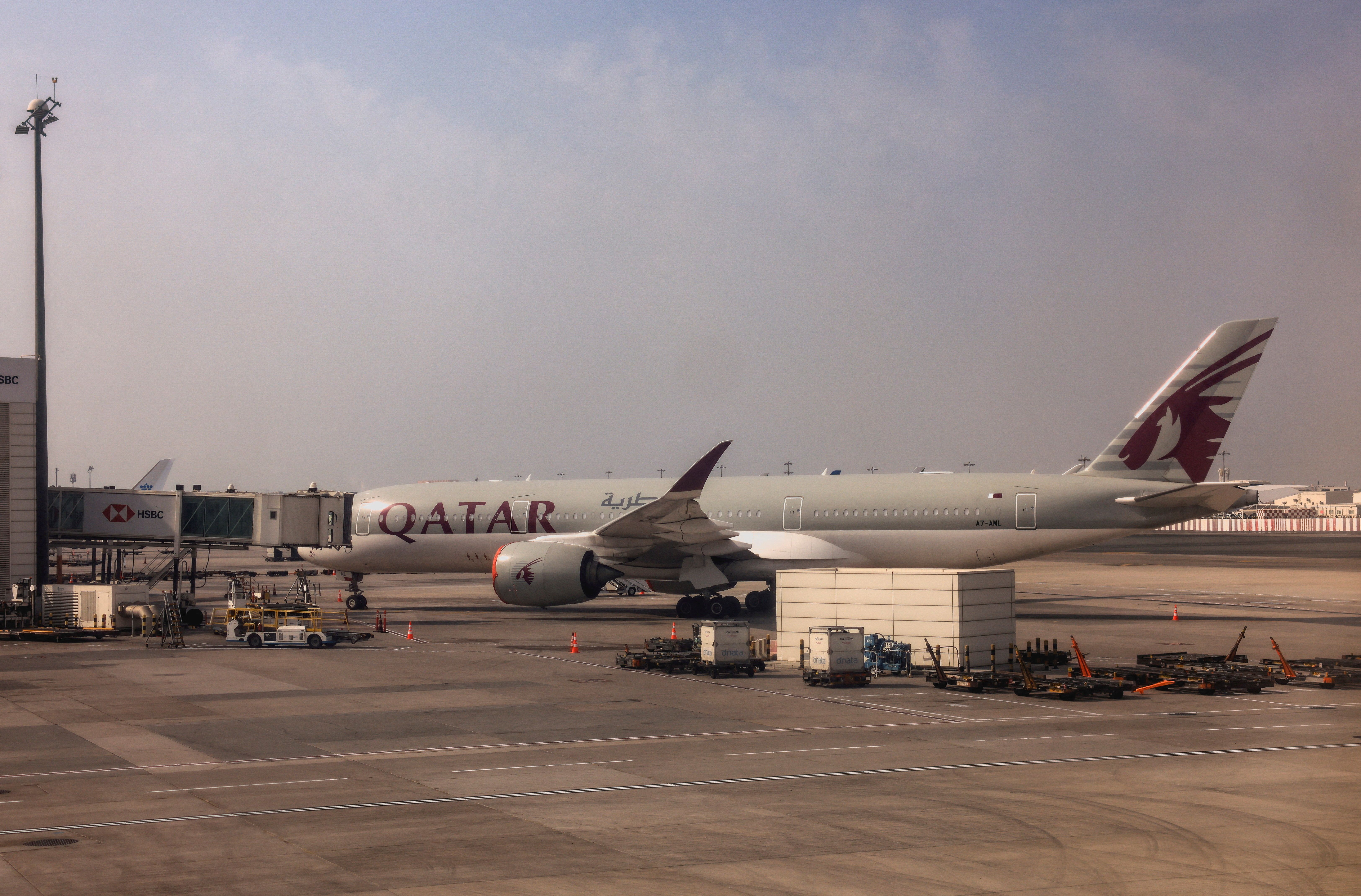 A Qatar Airways airplane at Dubai International Airport.