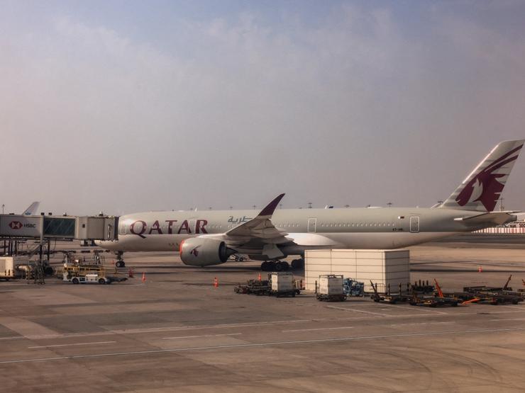 A Qatar Airways airplane at Dubai International Airport.