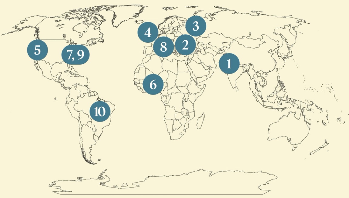 A numbered map of the world.