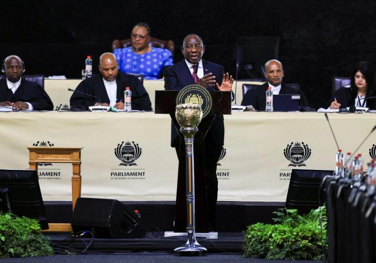 South African President Cyril Ramaphosa answers lawmakers’ questions at the parliament in Cape Town.