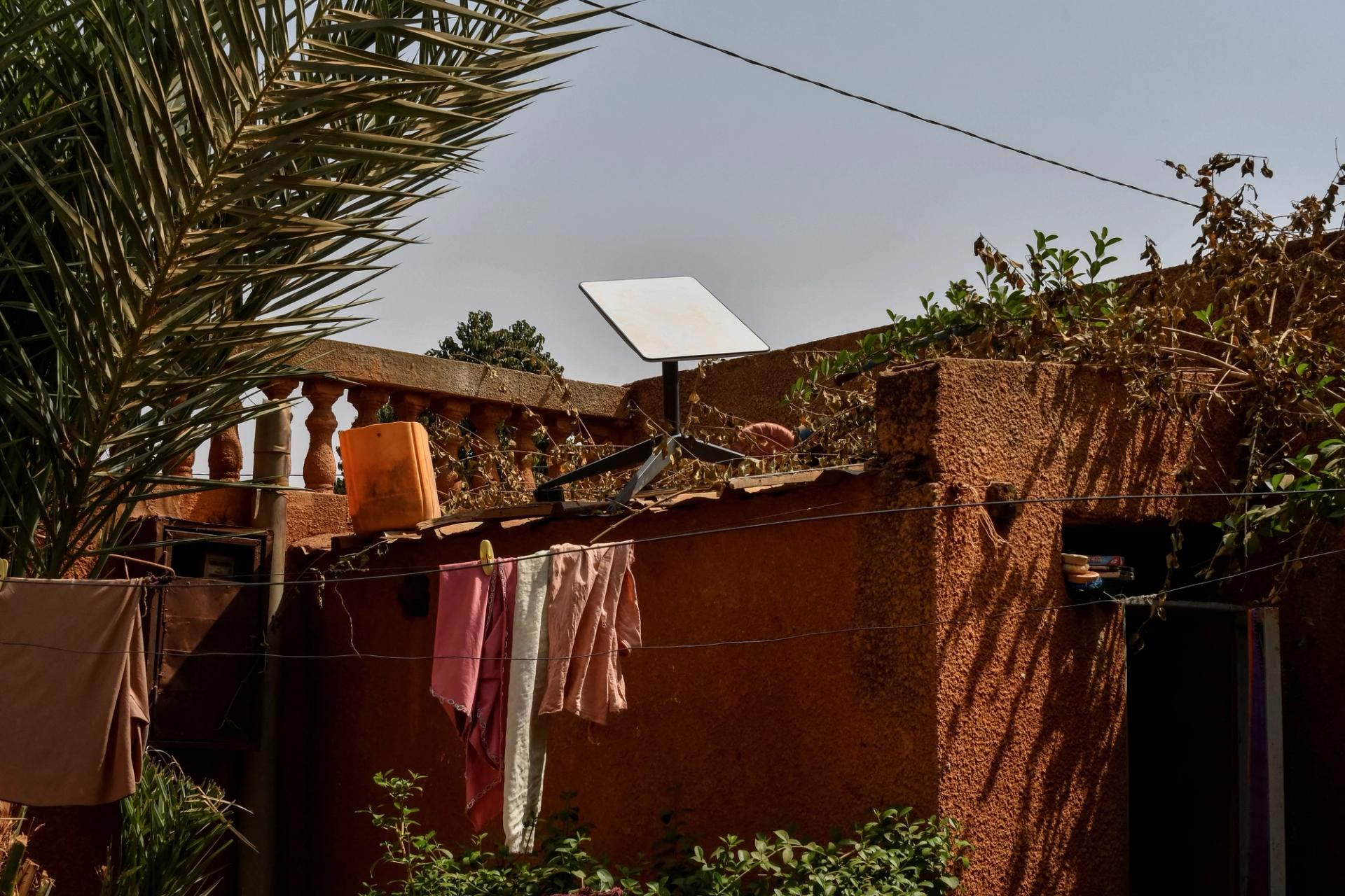 A Starlink satellite dish on the roof of a building in Niamey on January 22, 2025. 