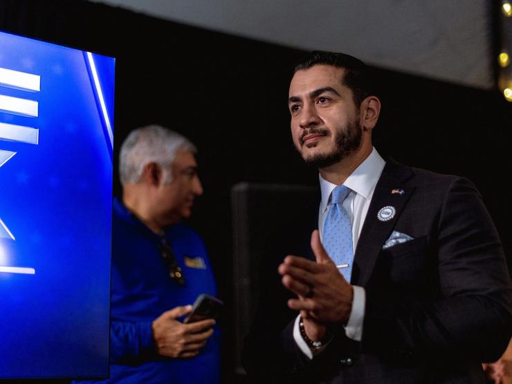 Democratic US Senate candidate Abdul El-Sayed arrives to speak to the press in the spin room after taking part in a debate with Republican rival candidate Mike Rogers, in Grand Rapids, Michigan, US, October 8, 2026.