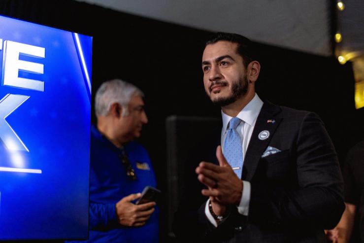 Democratic US Senate candidate Abdul El-Sayed arrives to speak to the press in the spin room after taking part in a debate with Republican rival candidate Mike Rogers, in Grand Rapids, Michigan, US, October 8, 2026.