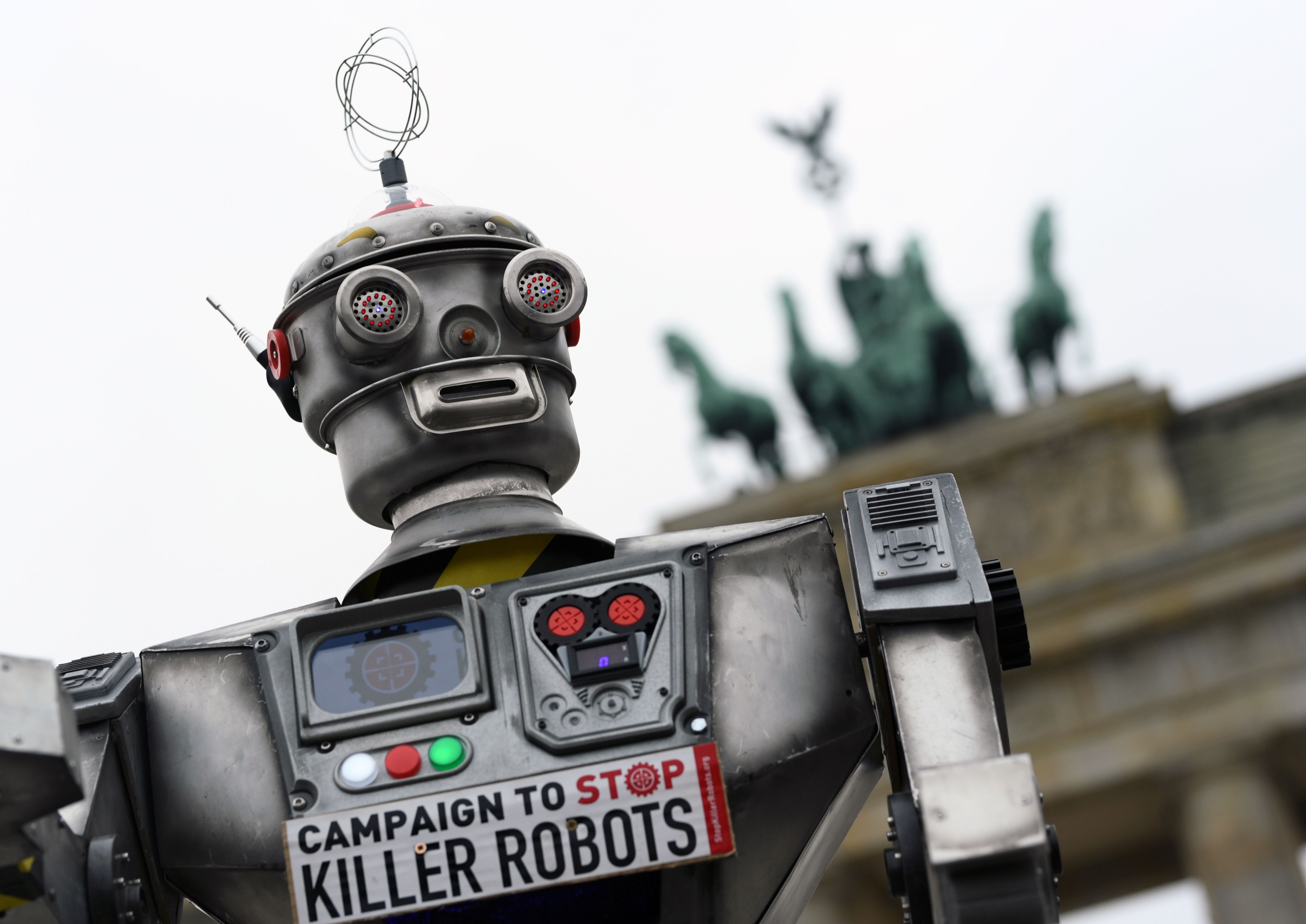 A robot at a protest.