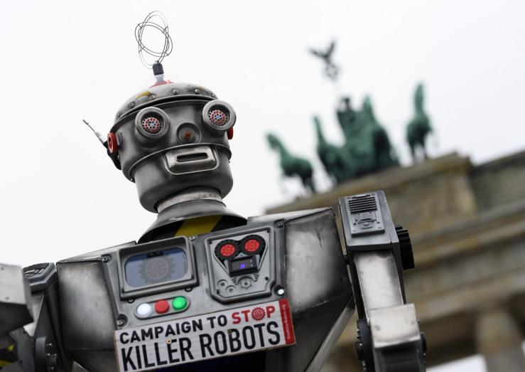 A robot at a protest.