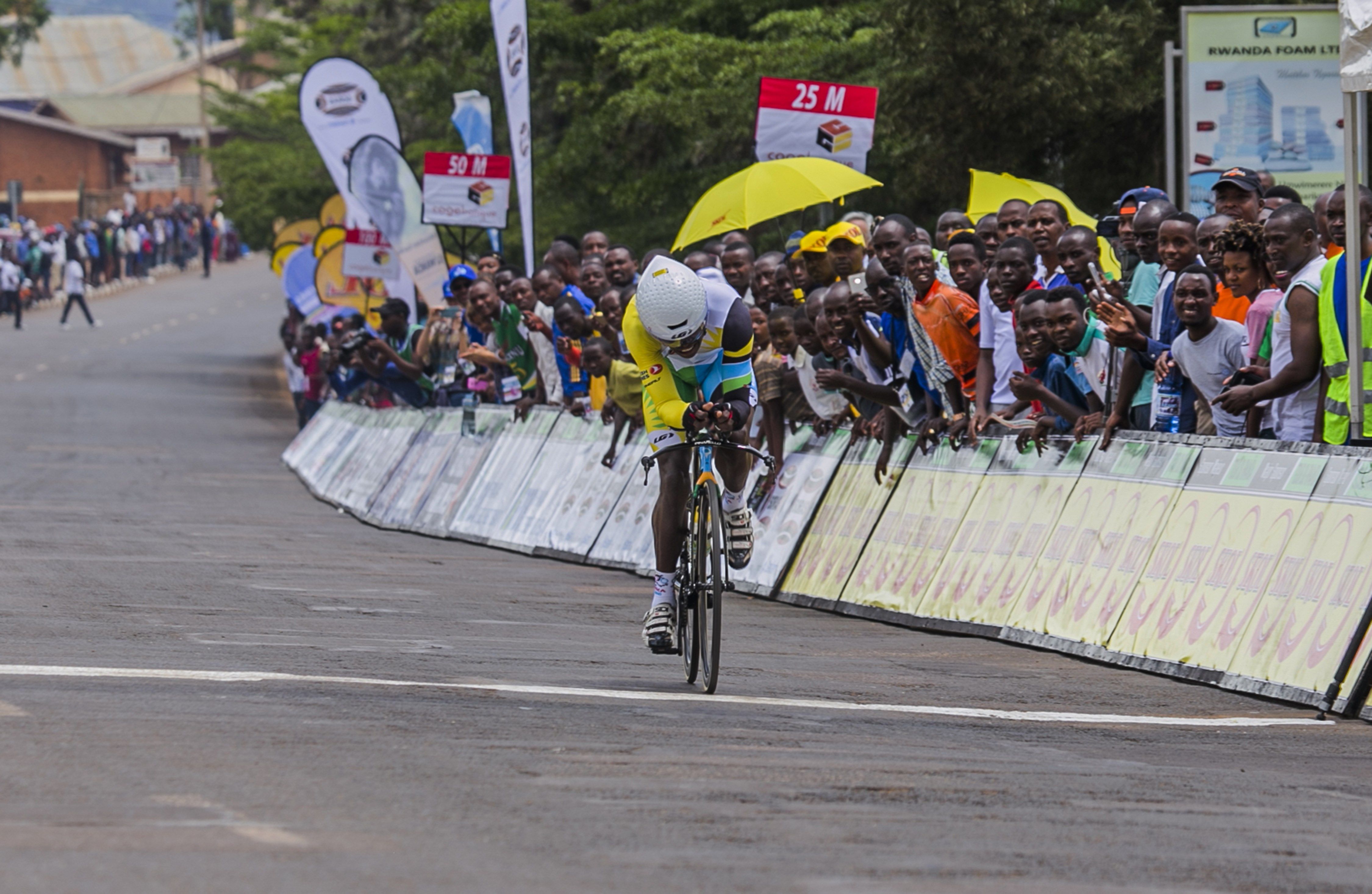 Rwanda’s cycling racer Jean Bosco Nsengimana wins the first stage of the 7th Tour of Rwanda in Kigali on Nov. 15, 2015. 